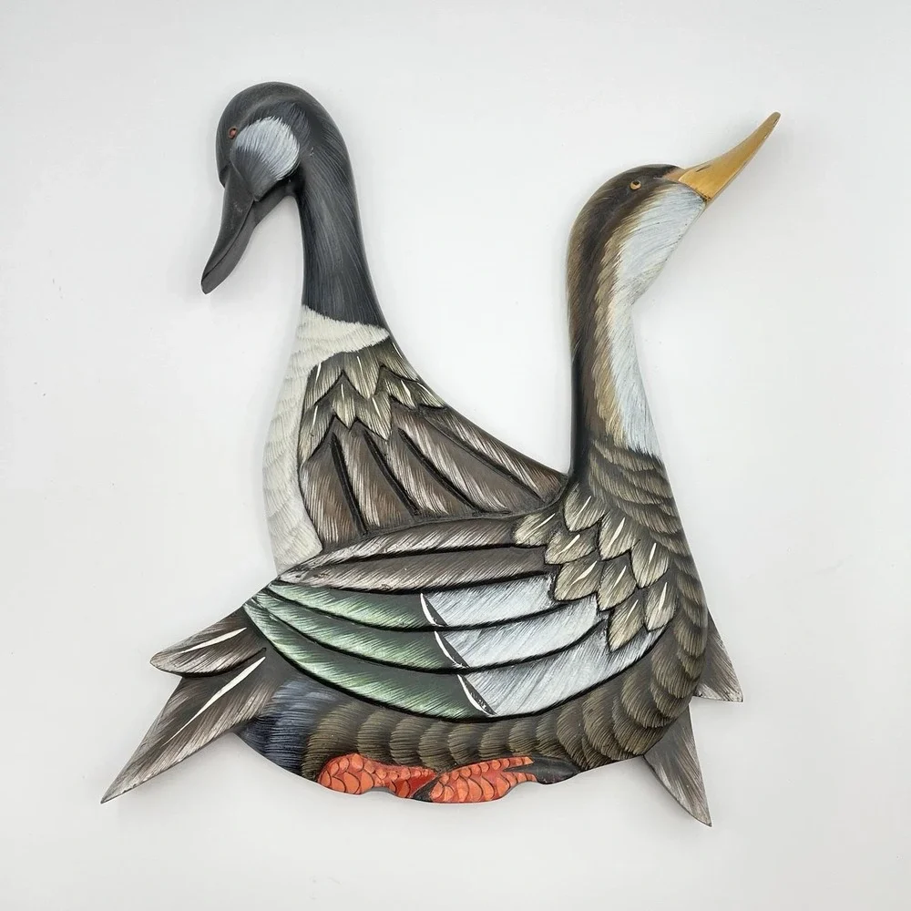 Vintage Carved Wood Goose Duck Wall Art‎ 14x13 Philippines Hand Painted